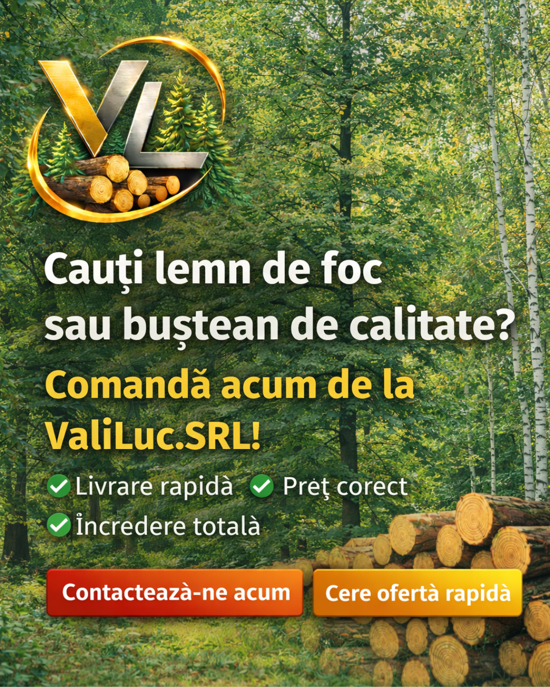 Lemn Buștean de Vânzare | Stejar, Fag, Mesteacăn | Livrare Rapidă România
